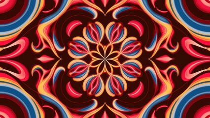 Poster - Seamless abstract pattern showcasing swirling, vibrant shades of red, blue, and yellow, crafting a complex and repetitive symmetrical design.