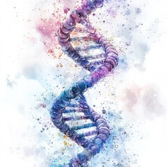 A colorful watercolor depiction of a DNA helix that artistically blends the precision of science with the fluidity of art. The pastel hues create a visually dynamic image.