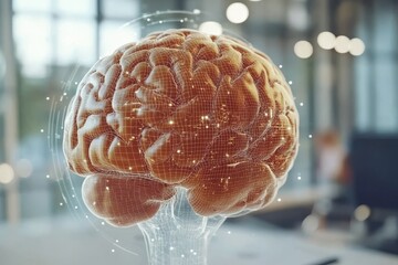 Poster - A detailed anatomical brain model in a modern well lit environment symbolizes the scientific exploration of cognitive processes and the study of human thought