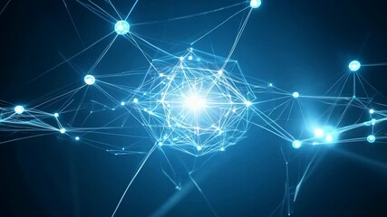 Poster - Exploring an abstract network of interconnected nodes glowing in a deep blue space