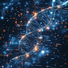 Aufkleber - A dynamic visualization of a DNA strand interconnected with a digital data network, representing the fusion of genetics and technology with a futuristic artistic perspective.