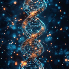Aufkleber - A sparkling DNA helix beautifully decorated with blue and orange highlights, representing the intricate and awe-inspiring nature of genetic structures through digital art.