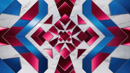 Poster - Symmetrical geometric background design with azure triangles and electric blue rectangles on a white surface, accented by magenta tints and shades.