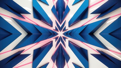 Poster - Symmetrical geometric background design with azure triangles and electric blue rectangles on a white surface, accented by magenta tints and shades.
