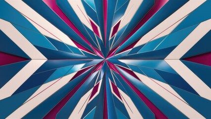 Poster - Symmetrical geometric background design with azure triangles and electric blue rectangles on a white surface, accented by magenta tints and shades.