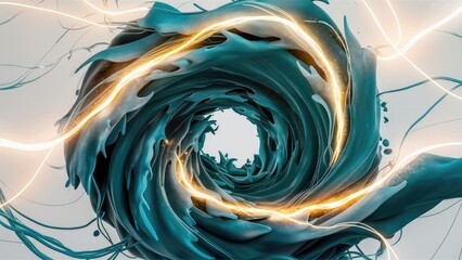 Poster - Teal Wave Swirls and Abstract Glowing Lines on White Background