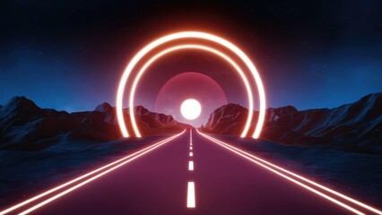 Poster - Vibrant 3D Neon Portal Road Illustration at Night
