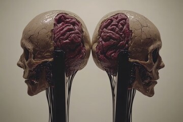 Poster - Two human skulls with visible brains facing each other symbolize the scientific exploration of thought and the biological basis of cognition in a medical context