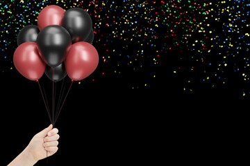 Aufkleber - Female hand holds bunch of red and black balloons on blsck background with confetti. Empty space for text