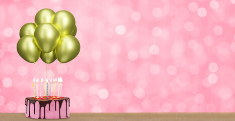 Aufkleber - Birthday cake with bunch of golden or yellow balloons on blurred pink background. Empty space for text. 3d rendering