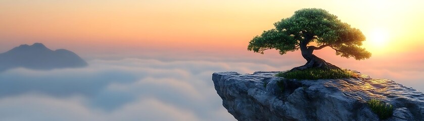 Canvas Print - Solitary Bonsai Tree on a Clifftop, 3D Illustration