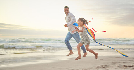 Beach, dad and child with flying kite for playful, outdoor activity and exercise for skills development. Happy family, father and girl with game for creativity, running and connection with bonding