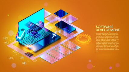 Wall Mural - Web design, website create isometric concept. Software development, web design banner. Laptop, phone with website layout. Site development technology banner. Computer software development technology.