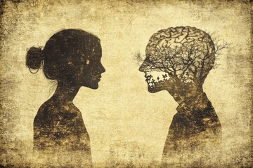 Poster - Two human profiles with visible brain structures facing each other in an ancient textured design symbolize the intellectual connection and the timeless exchange of ideas