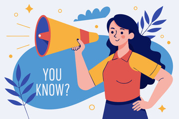 Poster - Did you know, fun fact, idea or advice message, useful knowledge or wisdom, expert information, explanation or solution, useful tips concept, woman talk on megaphone on did you know speech bubble.
