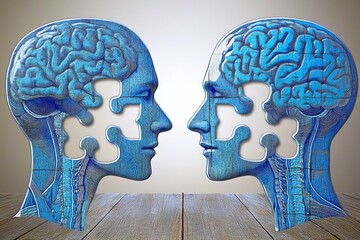 Sticker - Two blue human profiles with visible brain structures and puzzle pieces symbolize the complexity of thought and the ongoing process of cognitive integration in a minimalist design