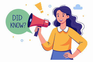 Poster - Did you know, fun fact, idea or advice message, useful knowledge or wisdom, expert information, explanation or solution, useful tips concept, woman talk on megaphone on did you know speech bubble.

