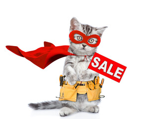 Poster - Cute kitten wearing red superhero costume and tool belt standing on hind legs and  showing signboard with labeled 