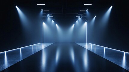 Sticker - sleek lighting, empty stage, sharp white and blue spotlights focusing on the center, polished black floor with crisp reflections, clean and modern dark backdrop, a futuristic and professional