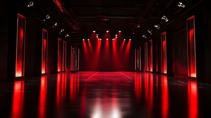 Wall Mural - bold lighting, empty stage, intense red and black lights casting strong shadows, glossy floor reflecting the dramatic tones, dark background with subtle red accents, a powerful and striking