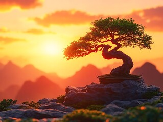 Canvas Print - Bonsai Tree Silhouette at Sunset with Mountains in the Background - Realistic Image