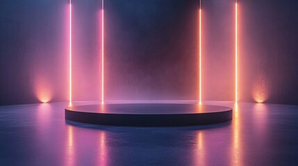 Wall Mural - subtle lighting, blank stage, soft amber and pink lights gently illuminating the center, smooth white floor reflecting the warmth, minimalist dark backdrop, a serene and elegant atmosphere for a