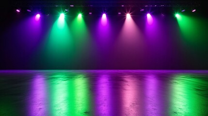 Wall Mural - energetic lighting, blank stage, vibrant green and purple lights creating a dynamic pattern, glossy floor enhancing the colors, clean and modern dark background, a lively and vibrant atmosphere