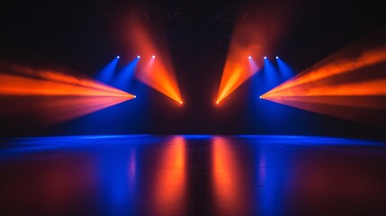 Sticker - dynamic lighting, blank stage, rotating bright orange and blue lights creating movement and energy, polished floor reflecting the vibrancy, dark backdrop with subtle textures, a lively and engaging