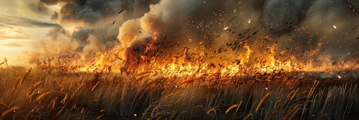 Canvas Print - Wildfires ravage parched grass and reeds in the meadow, creating an ecological catastrophe as firefighters work to control the expansive flames.