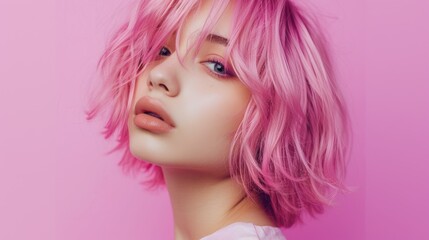 A woman with pink hair stands in front of a pink background