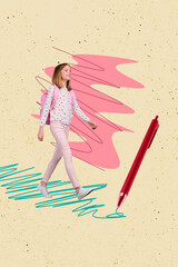 Wall Mural - Composite collage image of funny walking girl pen write education studying school day shopping freak bizarre unusual fantasy billboard