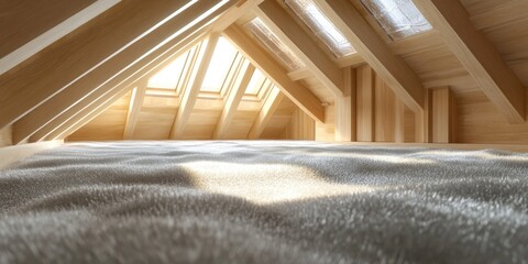 Poster - 3D rendering of an unfinished loft conversion project featuring silver insulation roof windows and a wooden wall structure with selective focus