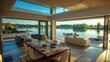 © Iswanto - Modern dining room with a lake view and large windows.