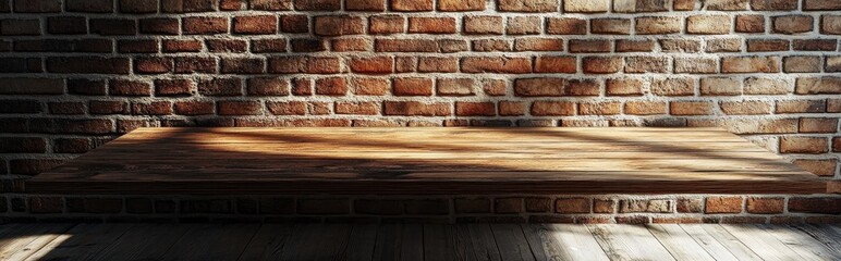 Poster - 3D rendering of an empty wooden table against a brick wall with sunlight shadows creating a horizontal layout for display purposes
