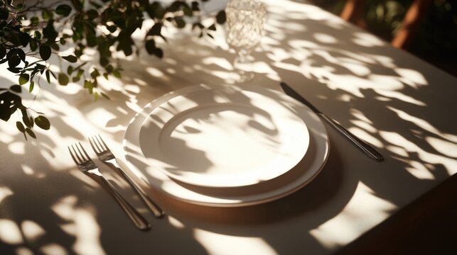 3D rendering of a festive table setting featuring a white plate and cutlery surrounded by sunlight and shadows cast by tree branches