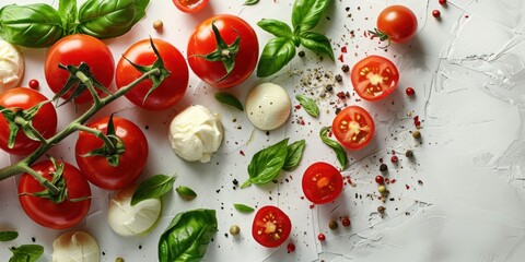 Wall Mural - Fresh tomatoes and mozzarella cheese with basil leaves on a white background, a classic Italian delight. Free copy space for banner.