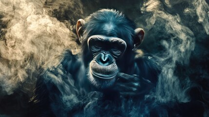 A close-up portrait of a chimpanzee's face with smoke in the background.