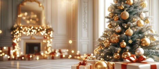 3D rendering of a festive interior in a light classic style featuring a beautifully decorated Christmas tree twinkling garlands and golden ornaments showcasing vibrant New Year celebration decor f