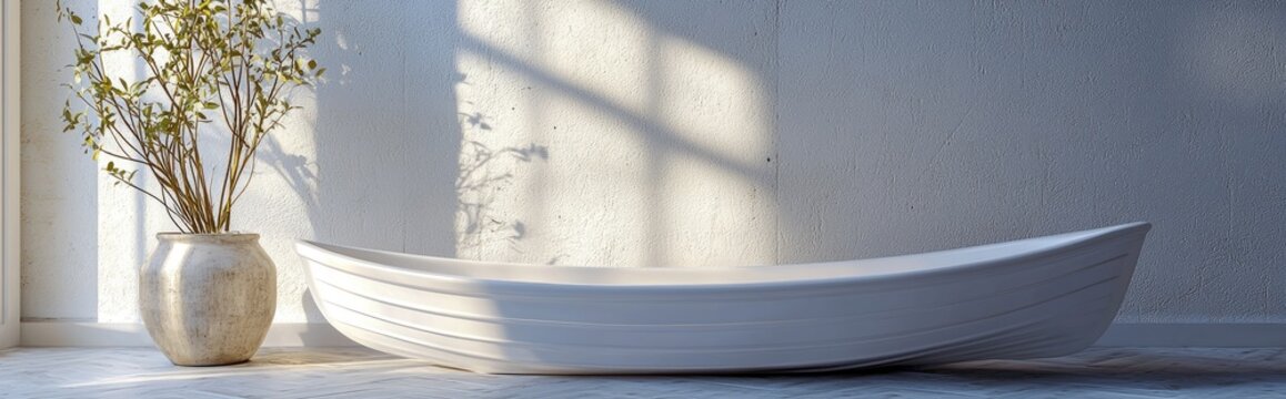 3D rendering of a white plastic boat in an interior setting