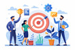 © Ouahdou - Company target achievement, business goal or objective to achieve, team strategy, leadership development, aiming for winning goal concept, businessman point arrow bullseye target to team colleagues.