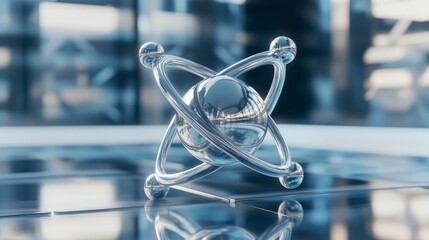 Poster - A sleek image showcasing a transparent glass-like model of an atom placed in a futuristic lab, symbolizing advanced scientific research and modern technological innovations.