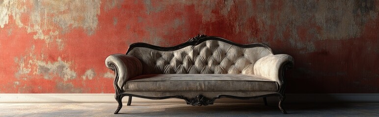 3D rendering of an old antique sofa captured with flash in a dining setting