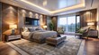 © Adisorn - Modern bedroom with a large screen LED television mounted on the wall, surrounded by cozy furniture, soft lighting, and a plush carpeted floor.