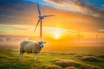 Sheep grazing near wind turbines in fresh morning