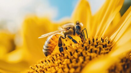 Wall Mural - A close-up of a bee collecting nectar from a sunflower in full bloom