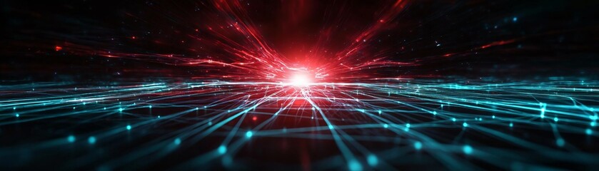 Poster - Abstract digital background featuring vibrant red and blue lines converging to a bright light, creating a futuristic atmosphere.