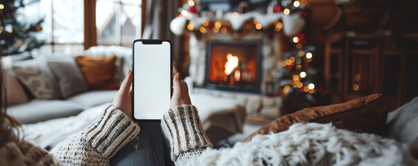 Woman holding smartphone mockup with white screen in room at christmas