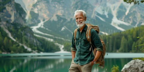 Happy older man standing in nature park enjoying natural park landscape. Smiling mature active traveler exploring nature and mountains travel journey feeling freedom