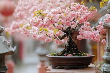 Wall Mural - Bonsai Tree with Pink Flowers in a Pot, Photo