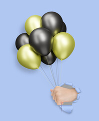Aufkleber - Female hand holding golden and black shiny balloons through the hole in blue paper